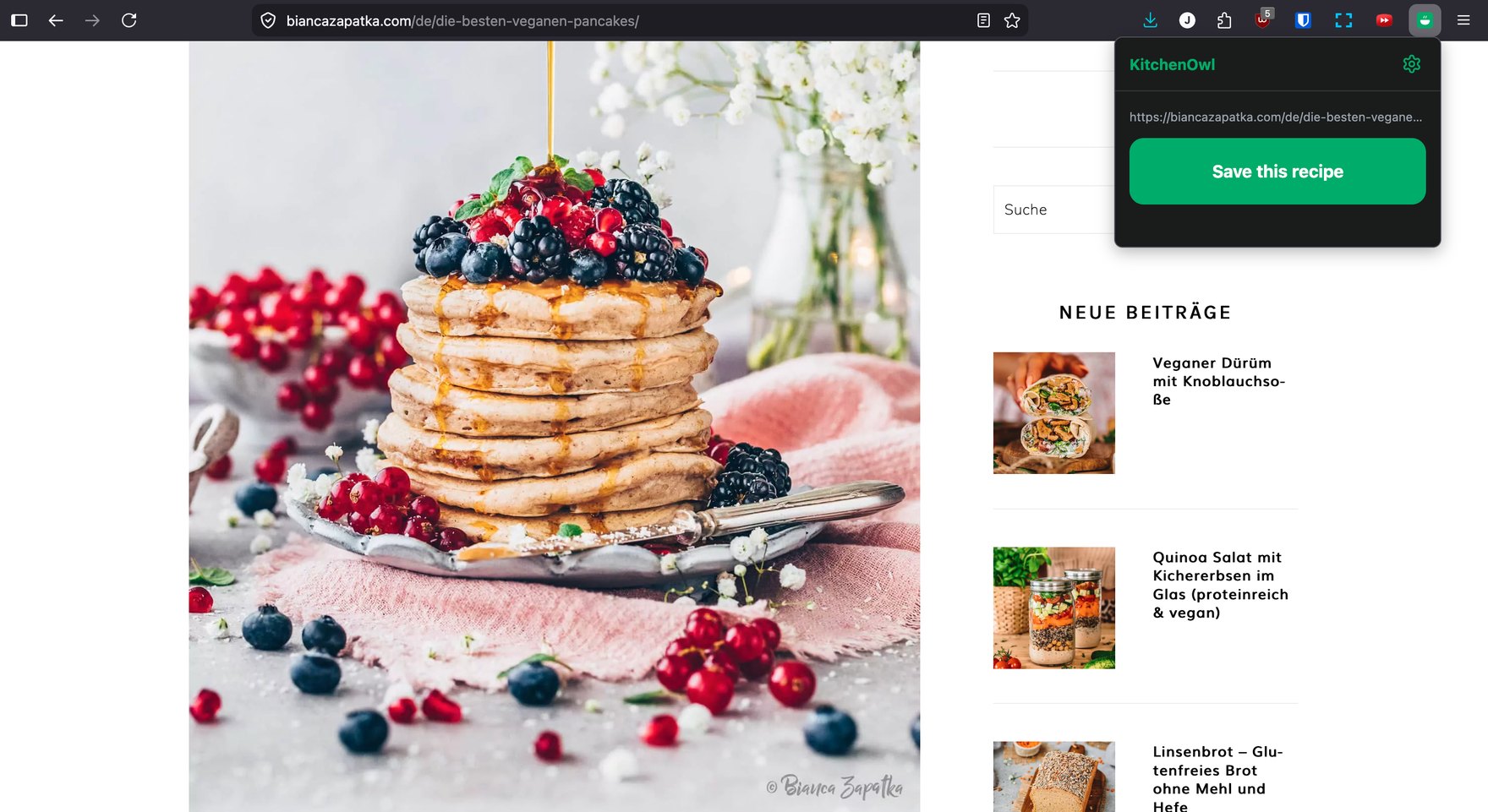 The extension’s popup open on a recipe page, showing the recipe’s URL and a green “Save this recipe” button.