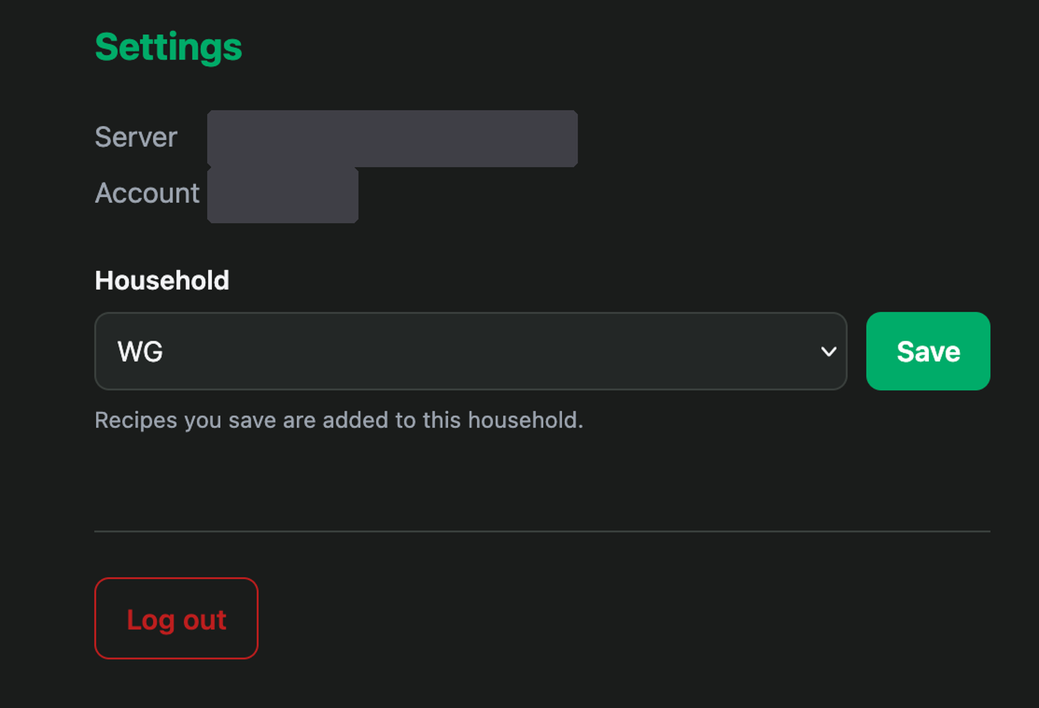 The extension’s settings tab — server, account and household — with the server address and username redacted.